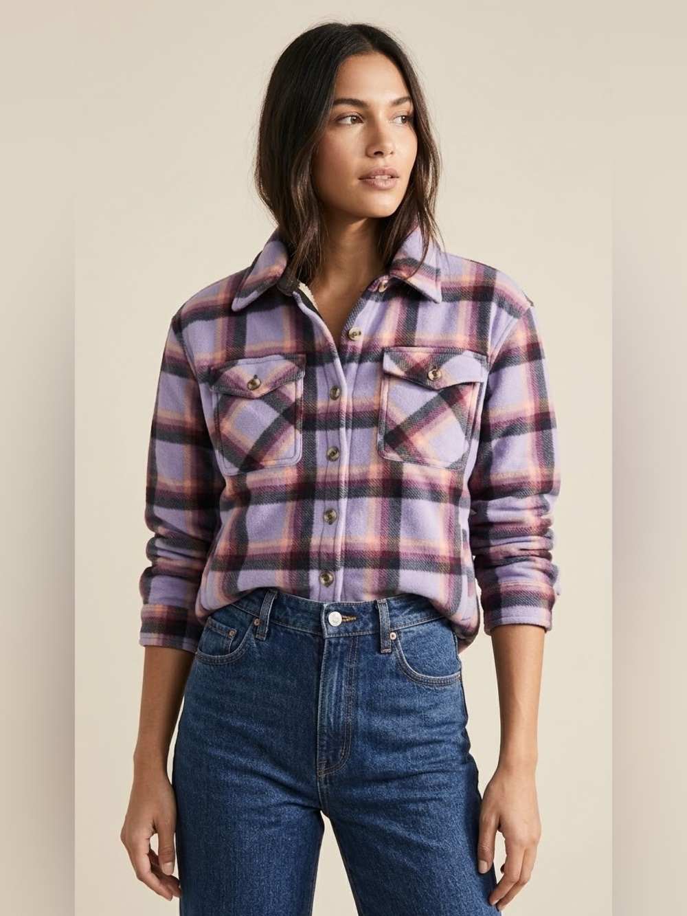 Sage Collective Fleece Plaid Shacket Sherpa Lined Purple Size S